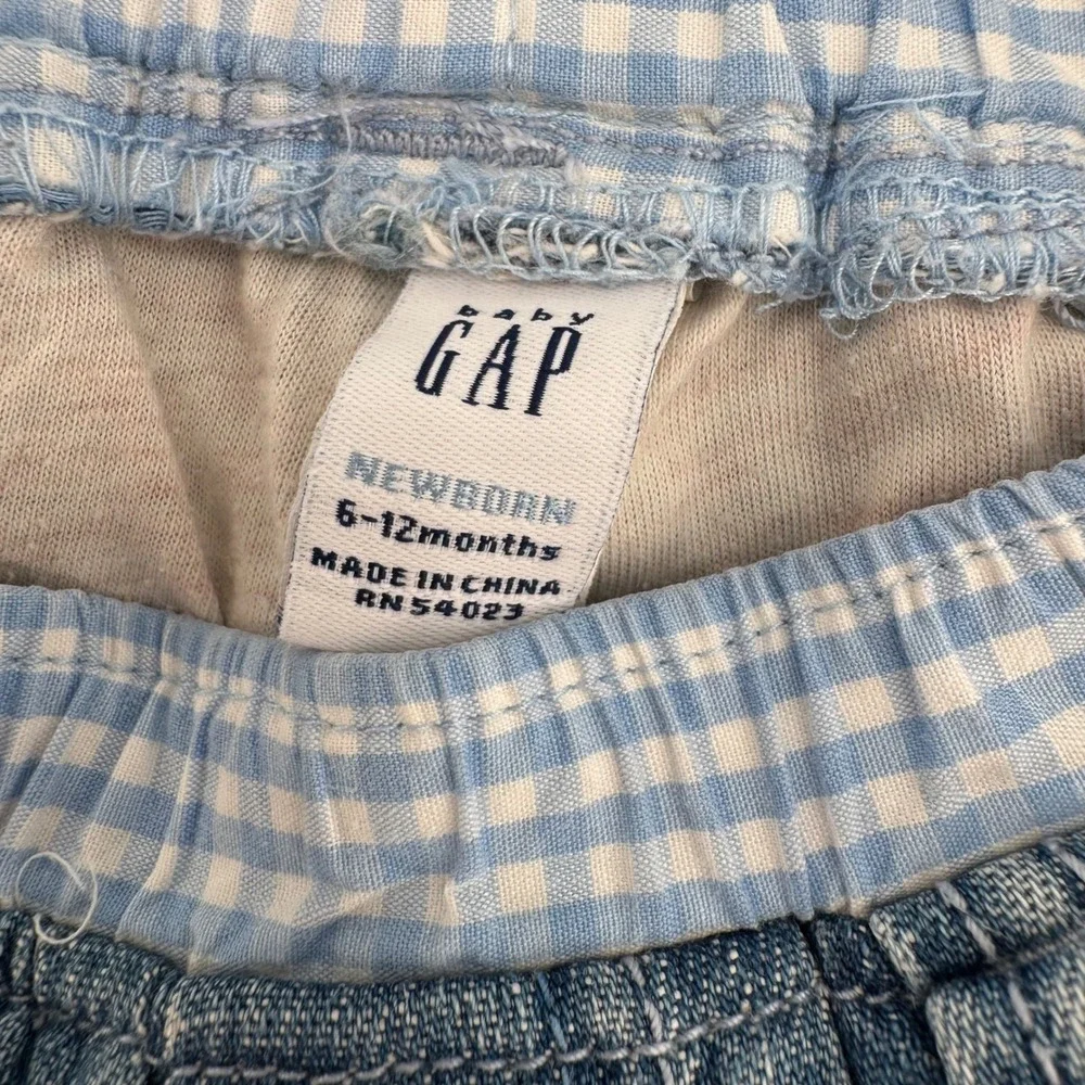 Baby Gap Denim Carpenter Pants Medium Wash Gingham Waist Size 6-12M Y2K 2000s